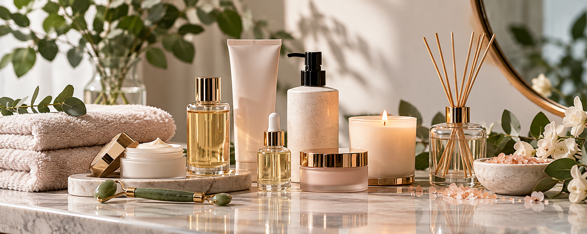 Skincare, fragrance and wellness products displayed together